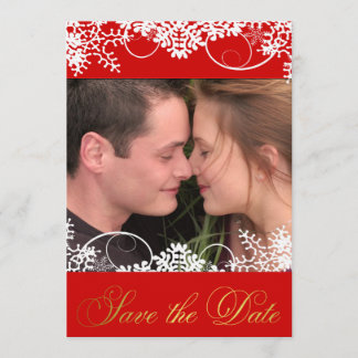 Save The Date Votre photo Neige d'hiver Rouge & Or Sauvez les da