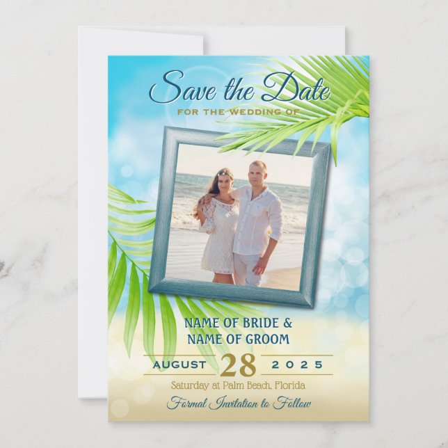 Save The Date Votre Photo Plage Mariage Palm Tropical Feuilles (Devant)