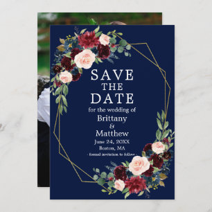 Save The Date Watercolor Bourgogne Floral Photo Geo Frame Blue