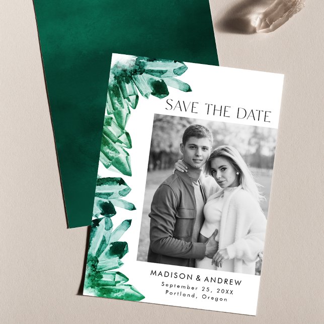 Save The Date Watercolor Crystals Emerald Green Photo (Créateur téléchargé)