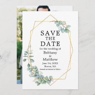 Save The Date Watercolor Eucalyptus Green Photo Geo Frame Sav