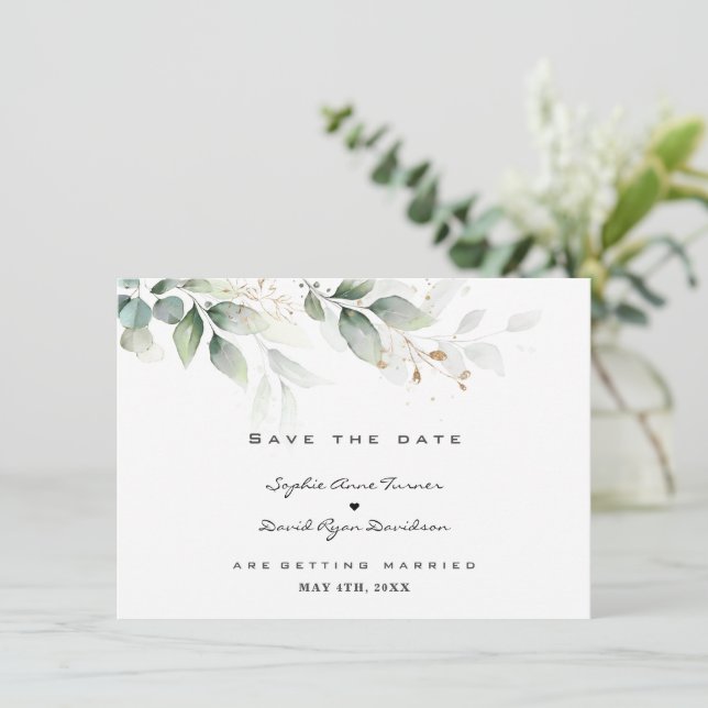 Save The Date Watercolor Eucalyptus Greenery Gold Wedding  (Debout devant)