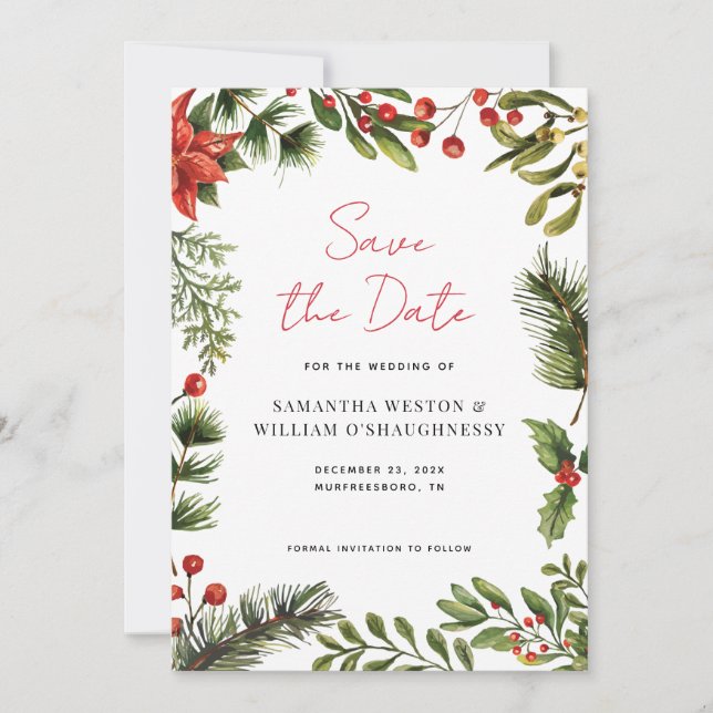 Save The Date Watercolor Greenery Holiday Wedding (Devant)