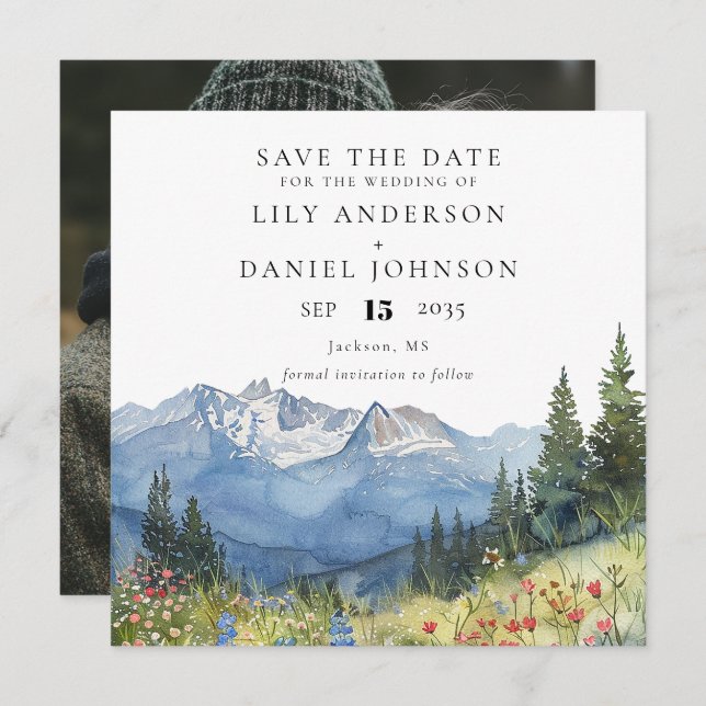 Save The Date Watercolor Mountain Wildflower Photo Wedding (Devant / Derrière)