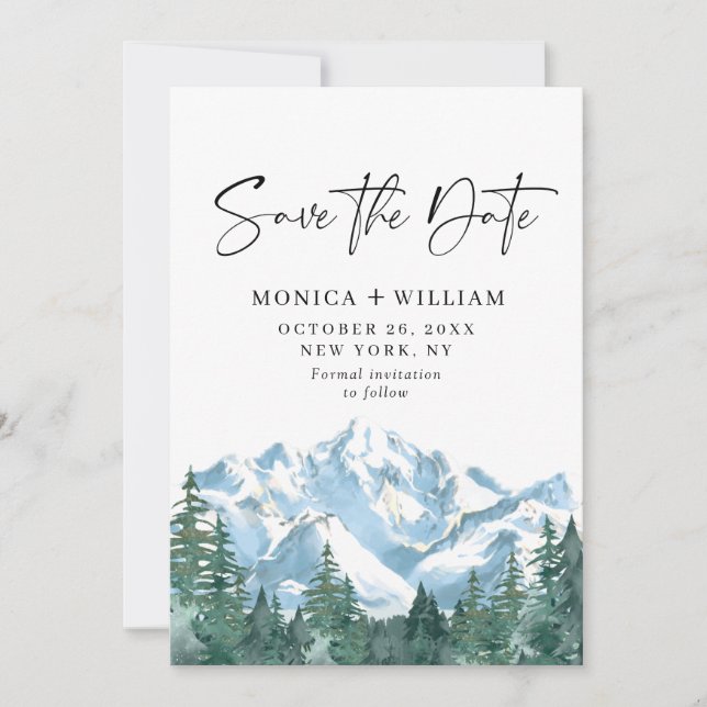 Save The Date Watercolor Mountains Mariage forestier (Devant)