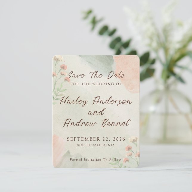 Save The Date Watercolor Peach & Green Minimal Wedding (Debout devant)