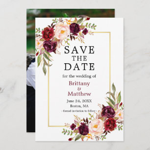 Save The Date Watercolor Roses Gold Frame Photo Burgundy