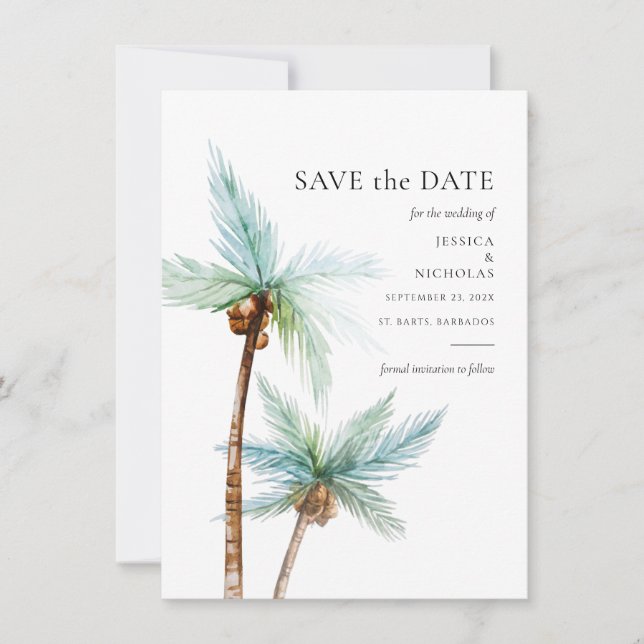Save The Date Watercolor Tropical Trees Wedding (Devant)
