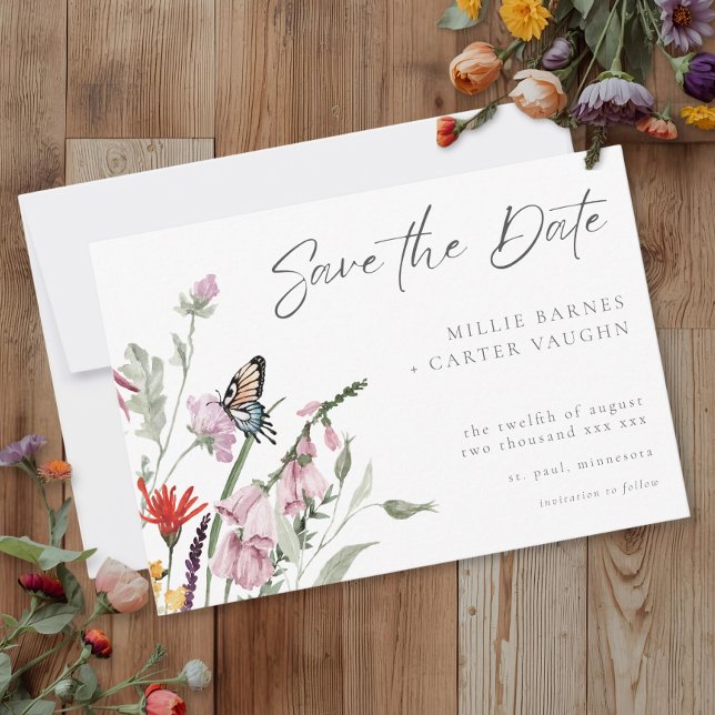 Save The Date Watercolor Wildflower Butterfly Modern Wedding (Créateur téléchargé)
