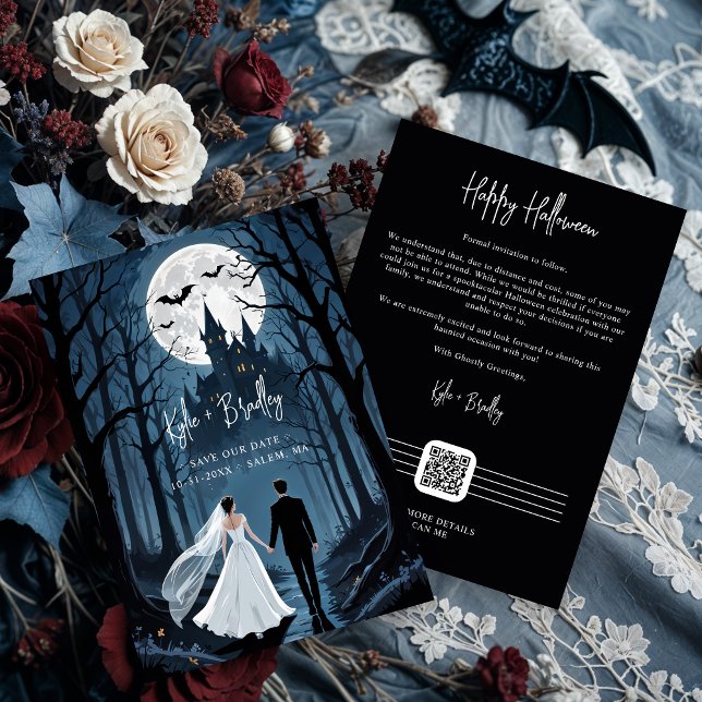Save The Date Wedding Couple Spooky Forest Toward Haunted Castle (Wedding Couple in Spooky Forest Toward Haunted Castle Save the Dates Cards with QR Code.)