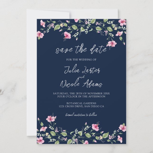 Save The Date Wedding shower en fleur d'Hibiscus rose bleu marin (Devant)