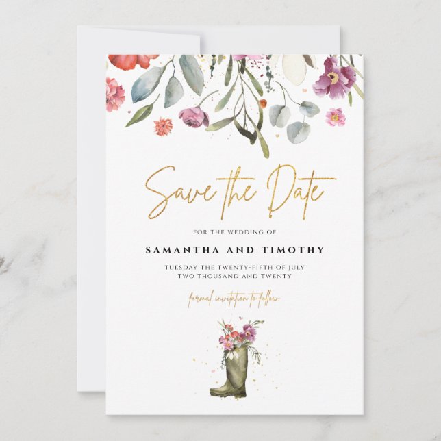 Save The Date Wellington Boot Floral Enregistrer La Date (Devant)