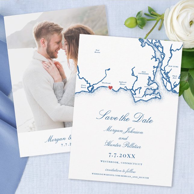 Save The Date Westbrook CT Map Élégant Mariage bleu marine (Westbrook CT Map Wedding Save the Date for a Waters Edge Resort destination wedding in navy blue)