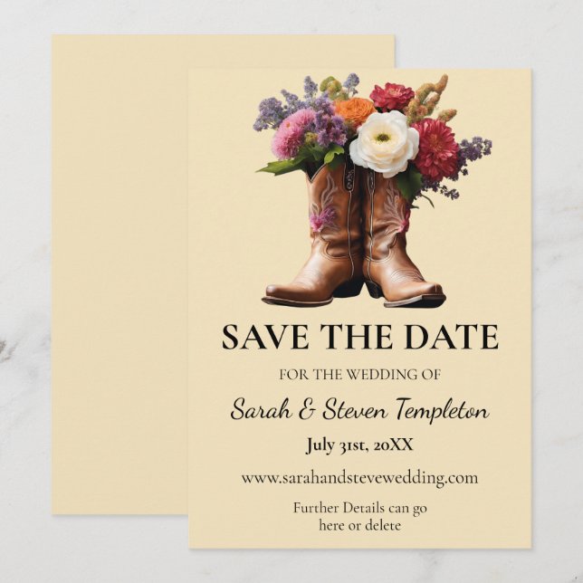 Save The Date Western Cowboy Boots Floral Élégant Country Farm (Devant / Derrière)