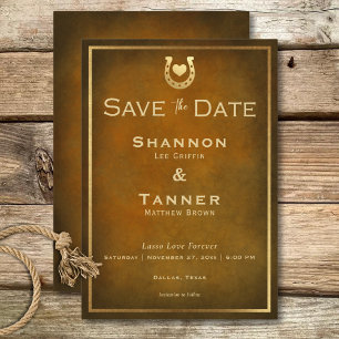 Save The Date Western Rustic Horseshoe Brown & Gold Mariage