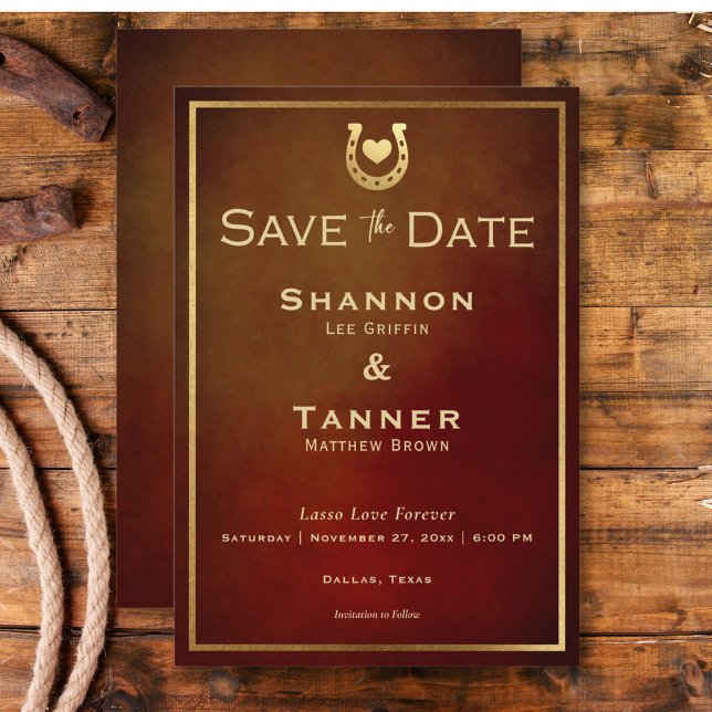 Save The Date Western Rustic Horseshoe Mariage Bourgogne et or (Western Rustic Horseshoe Burgundy & Gold Wedding Save The Date)