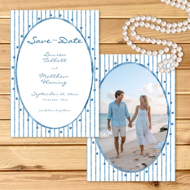 Save The Date Whimsical Blue Oval Watercolor Stripe Photo (Whimsical Blue Oval Watercolor Stripe Photo Save The Date)