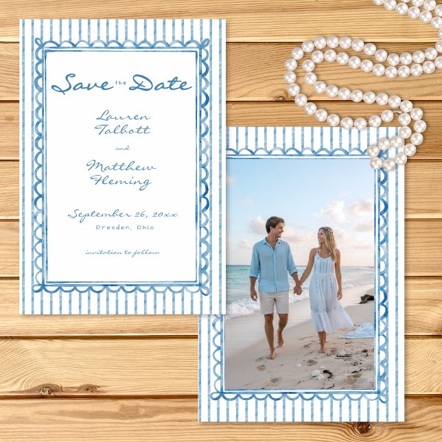 Save The Date Whimsical Blue Watercolor Stripe Photo Wedding (Whimsical Blue Watercolor Stripe Photo Wedding Save The Date)