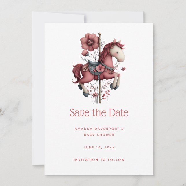 Save The Date Whimsical Carousel Horse Image Baby Shower (Devant)