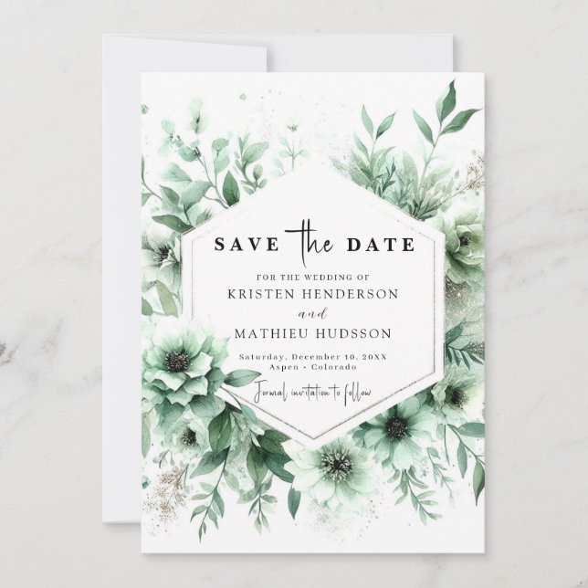Save The Date Whimsical Classic Floral Sage Mariage vert (Devant)