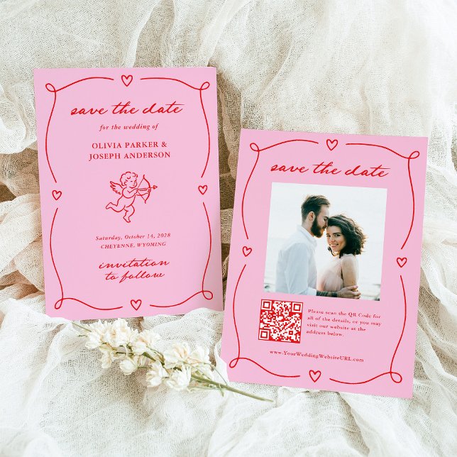 Save The Date Whimsical Cupid | Pink and Red Photo and QR Code (Créateur téléchargé)