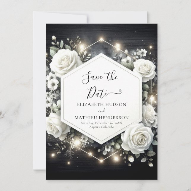 Save The Date Whimsical Digital White Roses Mariage (Devant)