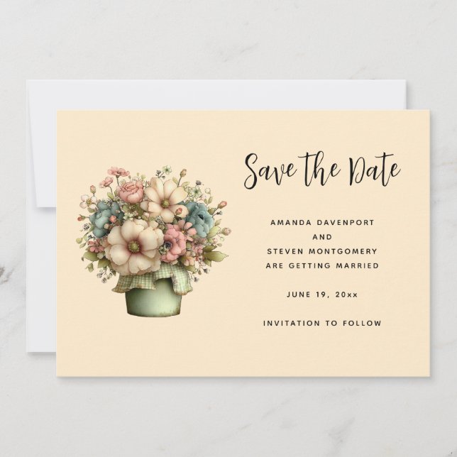 Save The Date Whimsical Flowers in a Planter Pot (Devant)