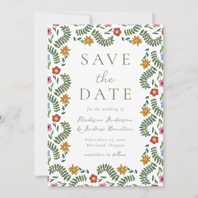 Save The Date Whimsical Folk Art Floral Wedding (Devant)