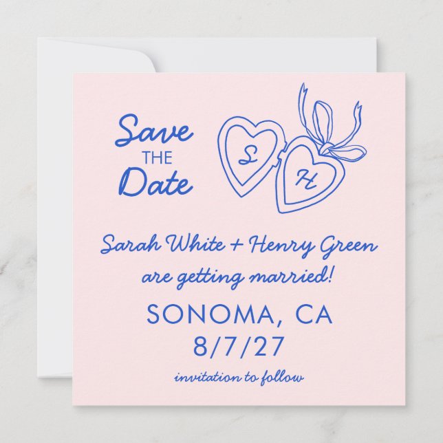 Save The Date Whimsical Heart Locket Doodle Sketch Modern CUSTOM (Dos)