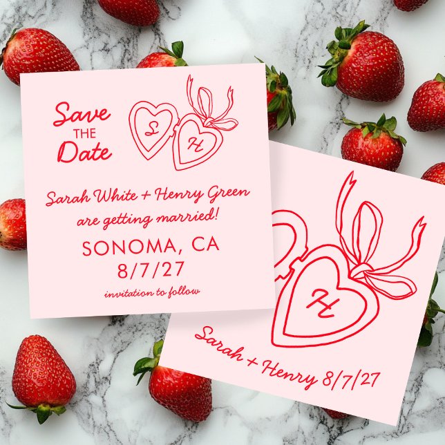 Save The Date Whimsical Heart Locket Doodle Sketch Modern CUSTOM (Whimsical Heart Locket Doodle Sketch Modern CUSTOM Save The Date Pink Red Square card
)