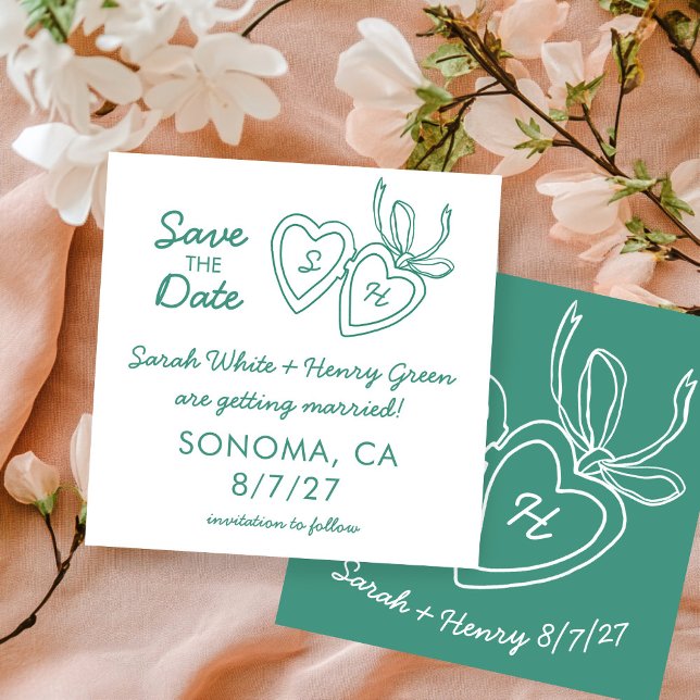 Save The Date Whimsical Heart Locket Doodle Sketch Modern CUSTOM (Whimsical Heart Locket Doodle Sketch Modern CUSTOM Save The Date Green White Card
)