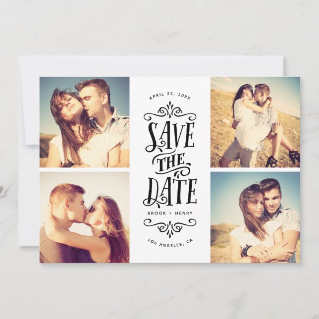 Save The Date Whimsical Mod 4-Photo Enregistrer La Date | Black (Devant)