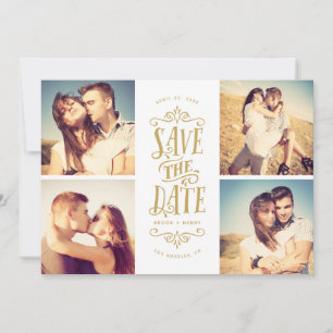 Save The Date Whimsical Mod 4-Photo Enregistrer La Date   Doré