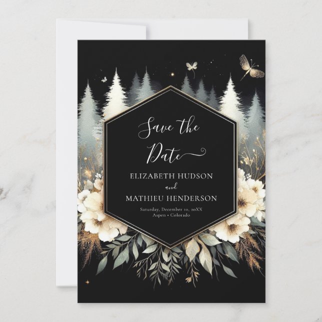 Save The Date Whimsical Moderne Mariage forestier enchanté (Devant)