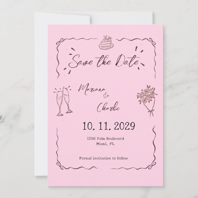 Save The Date Whimsical Pink Hand Drawn Illustrated Wedding  (Devant)