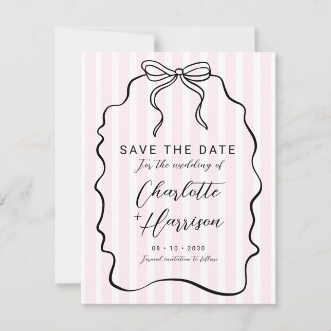 Save The Date Whimsical Pinstripe Bow Wedding Enregistrer La Dat (Devant)