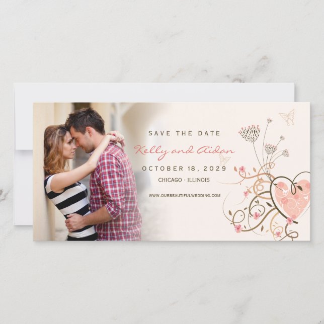 Save The Date Whimsical Rose Sweet Heart Butterfly Swirls Photo (Devant)