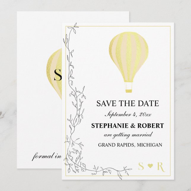 Save The Date Whimsical Rustic Golden Hot Air Balloon (Devant / Derrière)