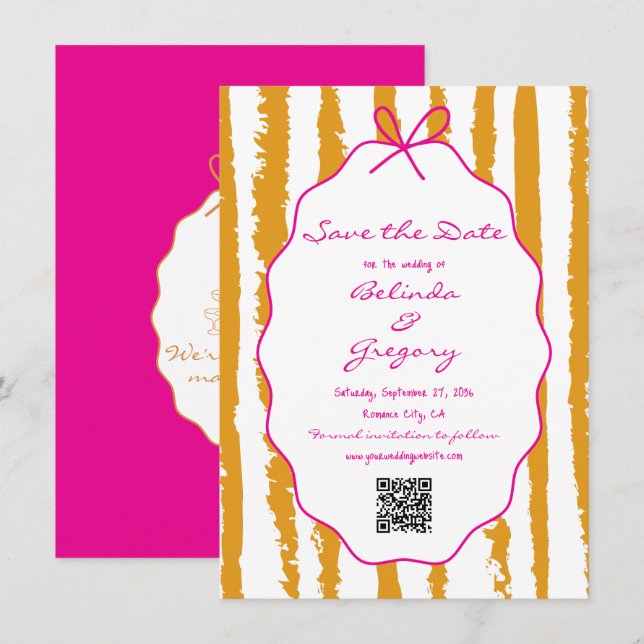 Save The Date Whimsical Stripes Handwritten Painted Wedding  (Devant / Derrière)