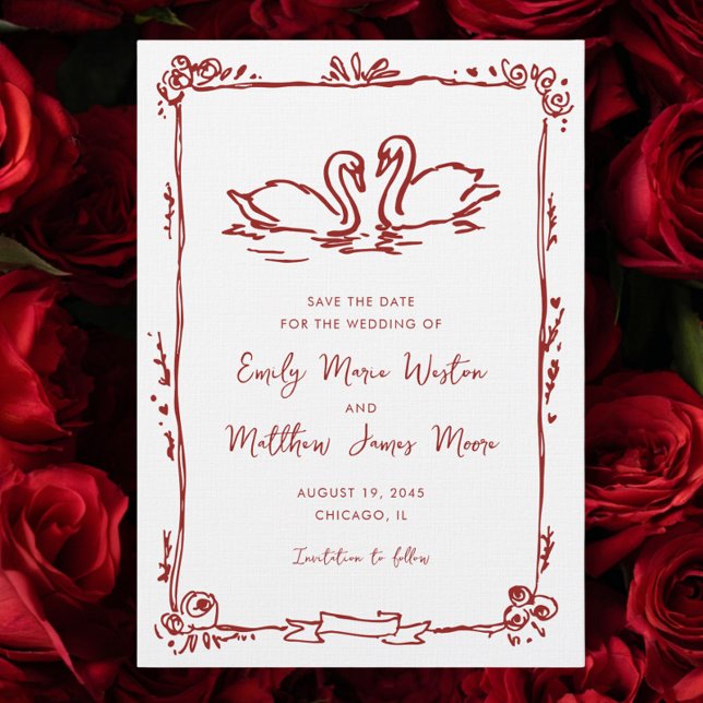 Save The Date Whimsical Swans Doodle Love Birds Red Wedding (Créateur téléchargé)