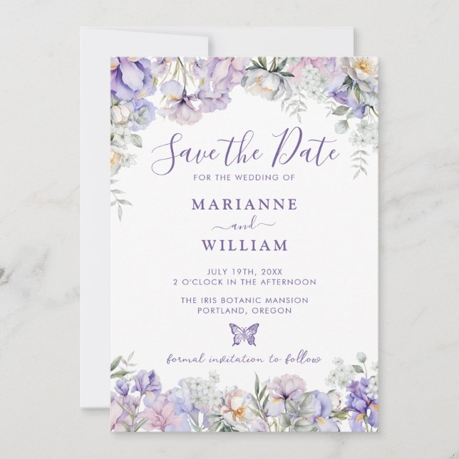 Save The Date Whimssical violet Mariage romantique floral (Devant)
