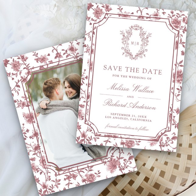 Save The Date White Dusty Rose Chinoiserie Crest Photo Wedding (Créateur téléchargé)
