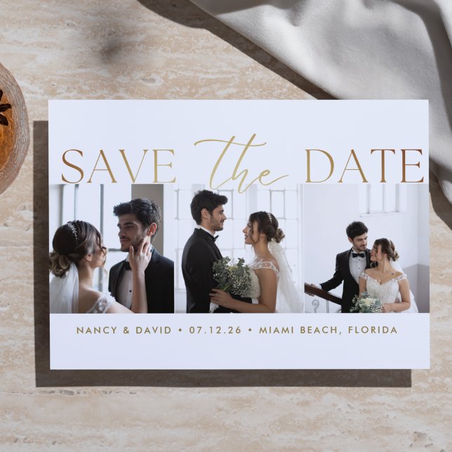 Save The Date White Gold Script 3 photo Collage wedding  (Créateur téléchargé)