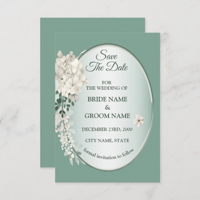 Save The Date White Jasmine Floral Green Geometric Wedding (Devant / Derrière)