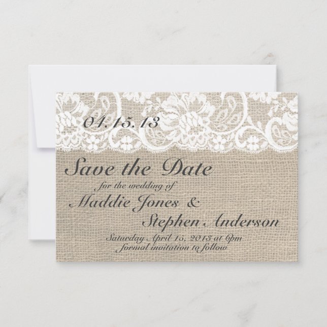 Save The Date White Lace & Burlap Wedding Enregistrer la date (Devant)