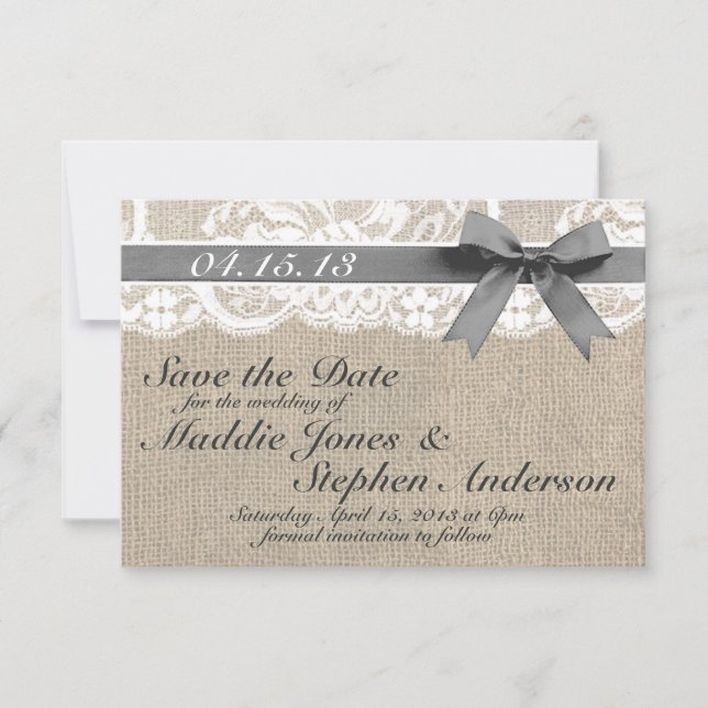 Save The Date White Lace & Burlap Wedding Enregistrer la date (Devant)