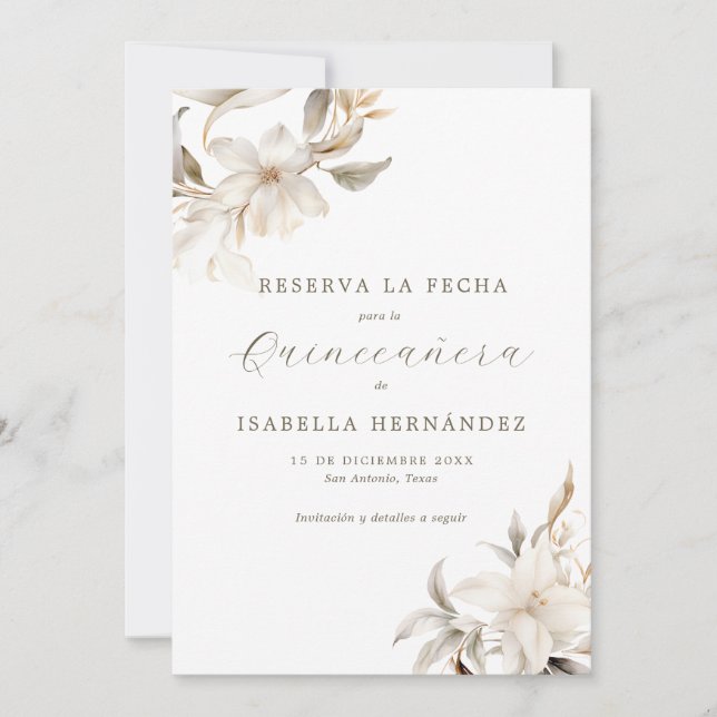 Save The Date White Reserva la Fecha espagnol Quinceañera (Devant)