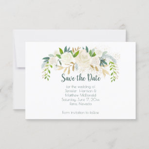 Save The Date White Roses Gold Green Feuilles Sauvez La Date 