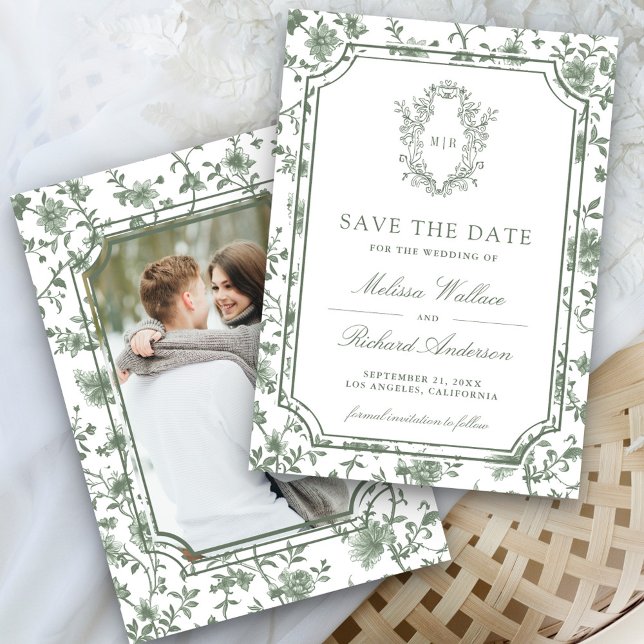 Save The Date White Sage Green Chinoiserie Crest Photo Wedding (Créateur téléchargé)