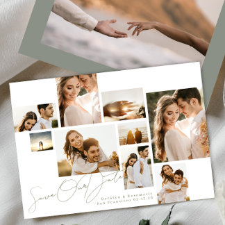 Save The Date White Sage Green Collage Multi Photo Mariage